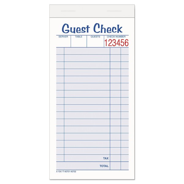 Adams Business Forms Guest Check Unit Set, Two-Part Carbonless, 6.38 x 3.38, 1/Page, 50 Forms/Pad, PK10 104-50SW